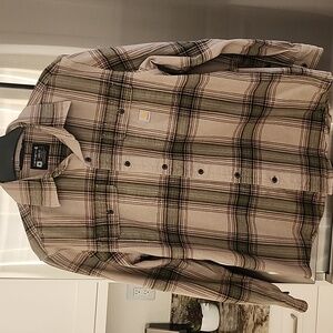 Carhartt Men's Heavyweight Flannel Long-Sleeve Plaid Tan/Green Shirt Medium